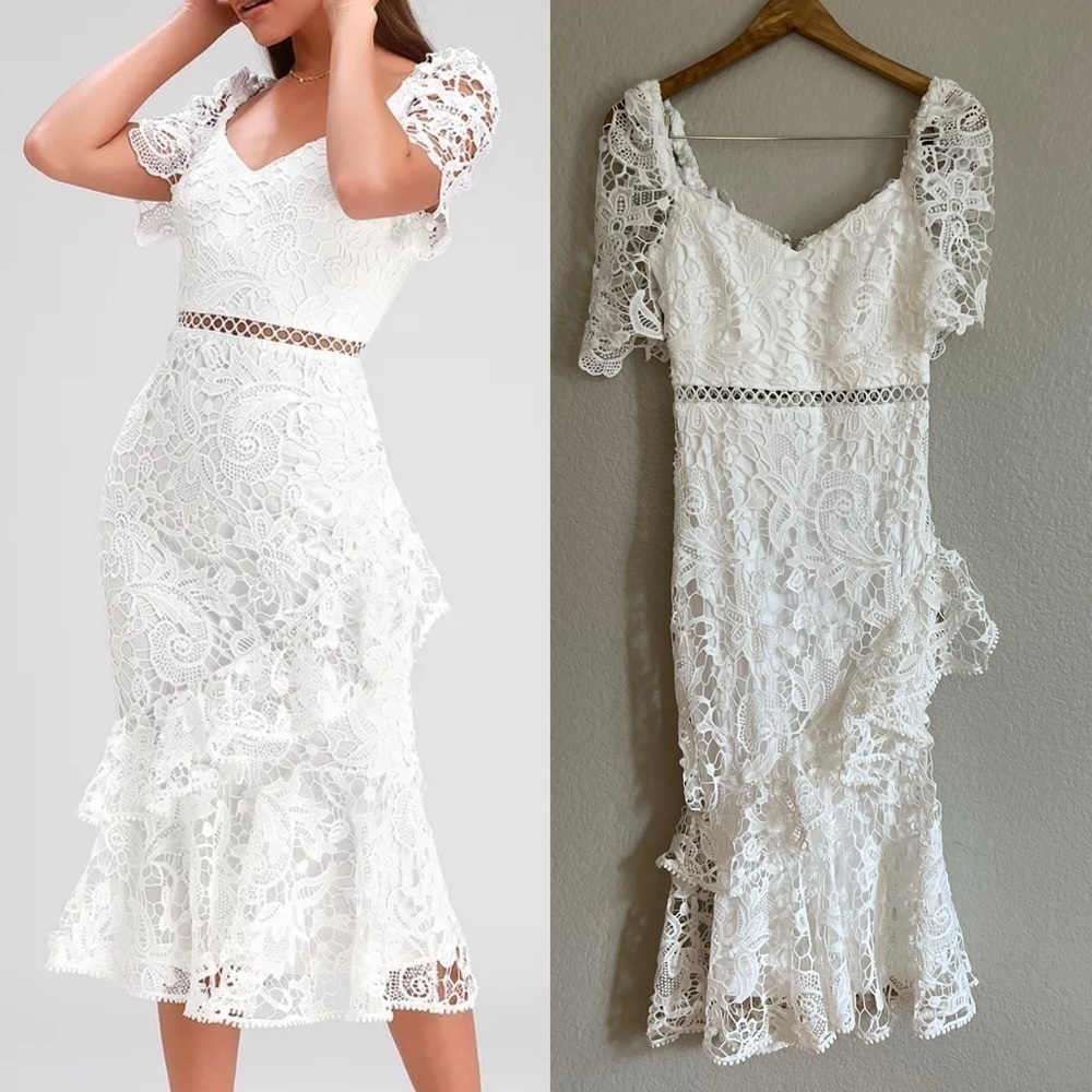 White Lace Ruffled Midi Dress Small